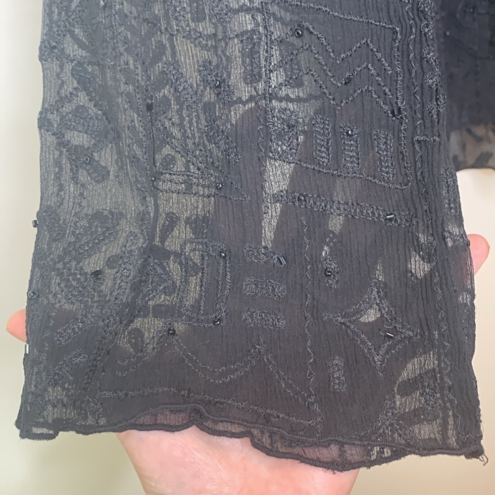 Chico’s | Black Silk Beaded Sheer Bell Sleeve Textured Embroidered Tunic Top 2 M - Picture 11 of 17